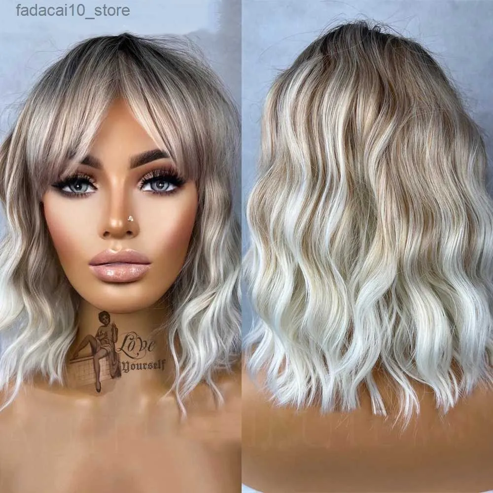 Synthetic Wigs Ash Blonde Brown Balayage Highlights Streaks 14 Inch Bob Wig Wavy Lace Front Fringe Bangs Womens Wig Eye Catching Short Q240115