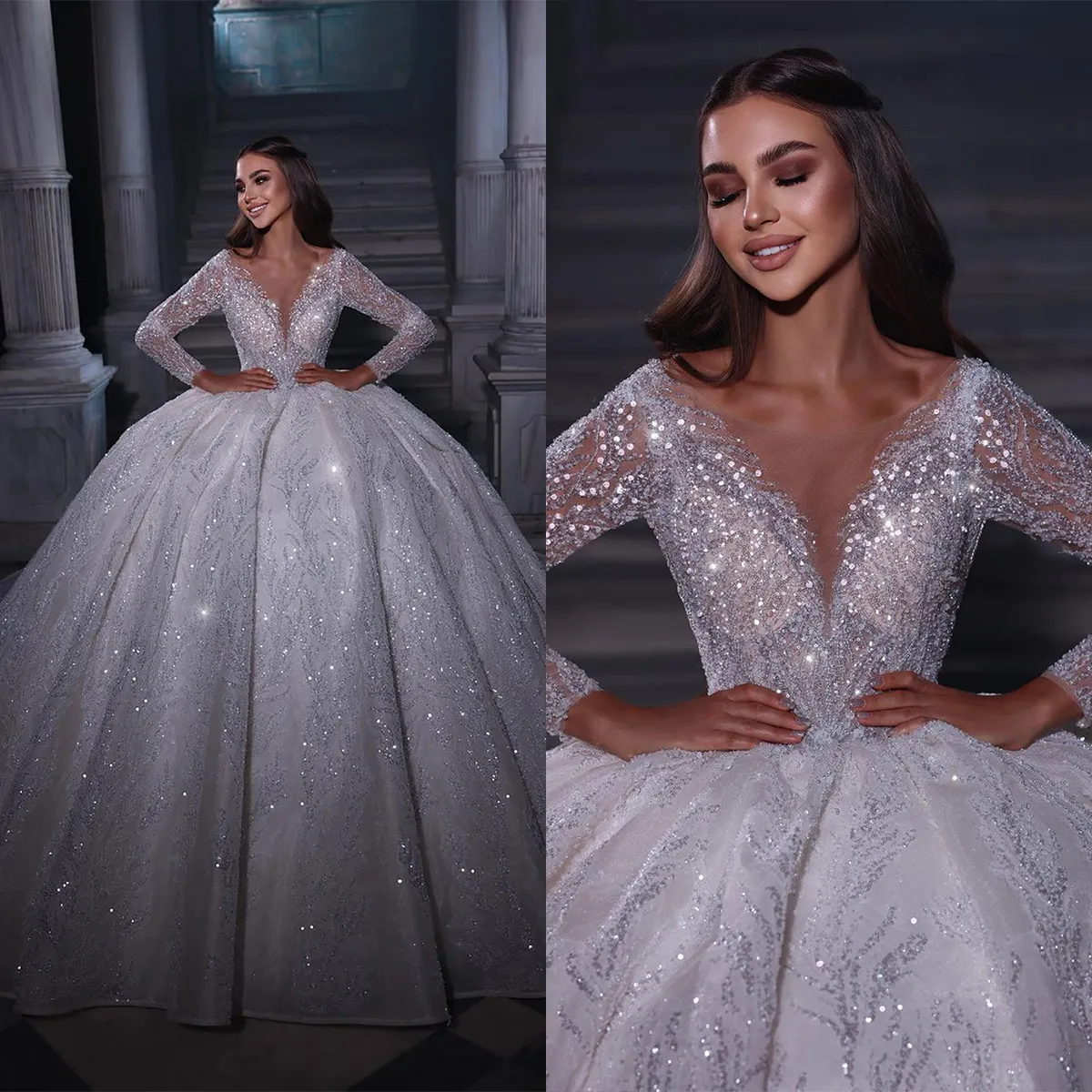 Abiti da ballo di lusso Abiti da sposa Collo trasparente Maniche lunghe Abiti da sposa Paillettes Sweep Train Abito per la sposa Custom Made Vestido De Novia