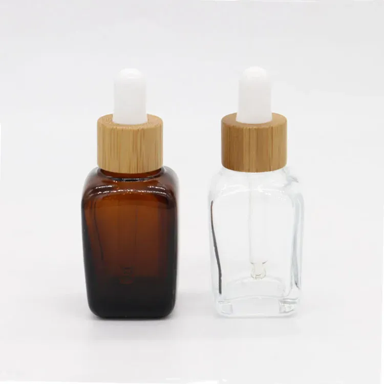wholesale 30ml Bamboo Essential Oil Bottle Glass Dropper Empty Bottles 20ml Amber with Wooden Cap in stock BJ