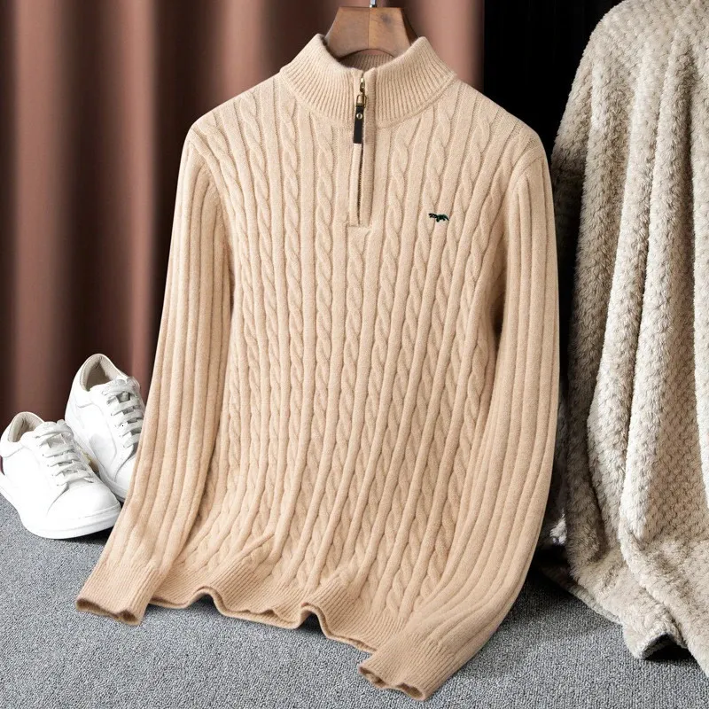 Högkvalitet Samma märke Mens Autumn Winter Cable 100% Cotton Knit Sweaters Zipper Mock Neck Pullovers Pull Homme 8509 240115