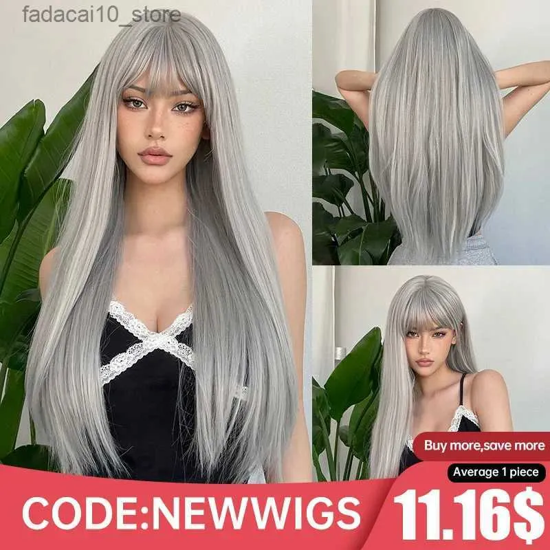 Synthetic Wigs Silver Ash Gray Long Straight Lolita Cosplay Natural Hair with Bangs for White Women Party Daily Heat Resistant Q240115