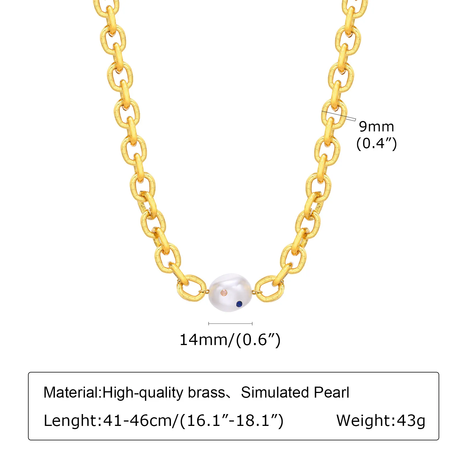 Fashion Ladies Gold Copper Imitation Pearl Pendant Necklace Choker Rolo Chain 9mm 18 '' N124