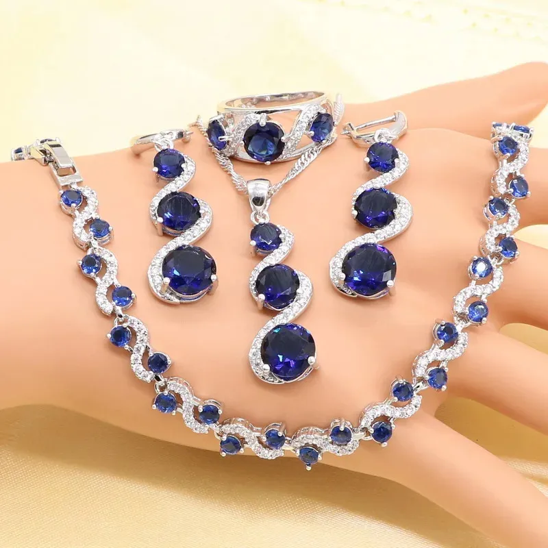 Xutaayi conjuntos de joias de casamento cor prata para mulheres forma de flor azul zircão pulseira brincos colar pingente anel caixa de presente 240115