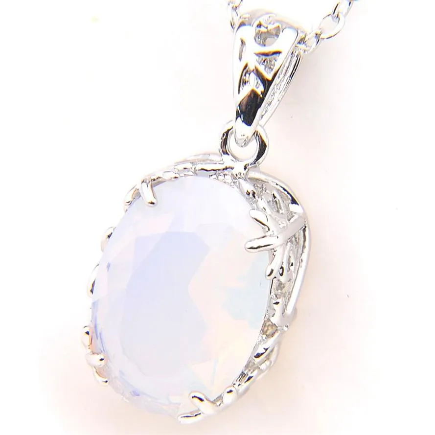 Luckyshine 1014mm regalo di famiglia brillare ovale bianco pietra di luna pietra preziosa collane in argento per donne pendenti con ciondoli per festa di nozze 282o