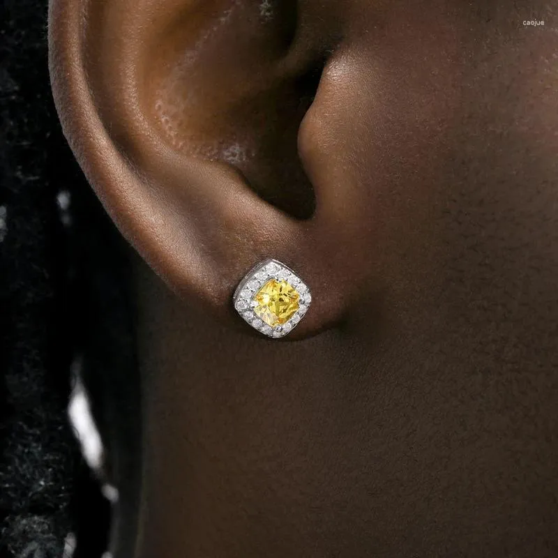 Boucles d'oreilles DZM S925 en argent sterling plein diamant jaune sucre de roche pour hommes et femmes Hip Hop tendance avancé