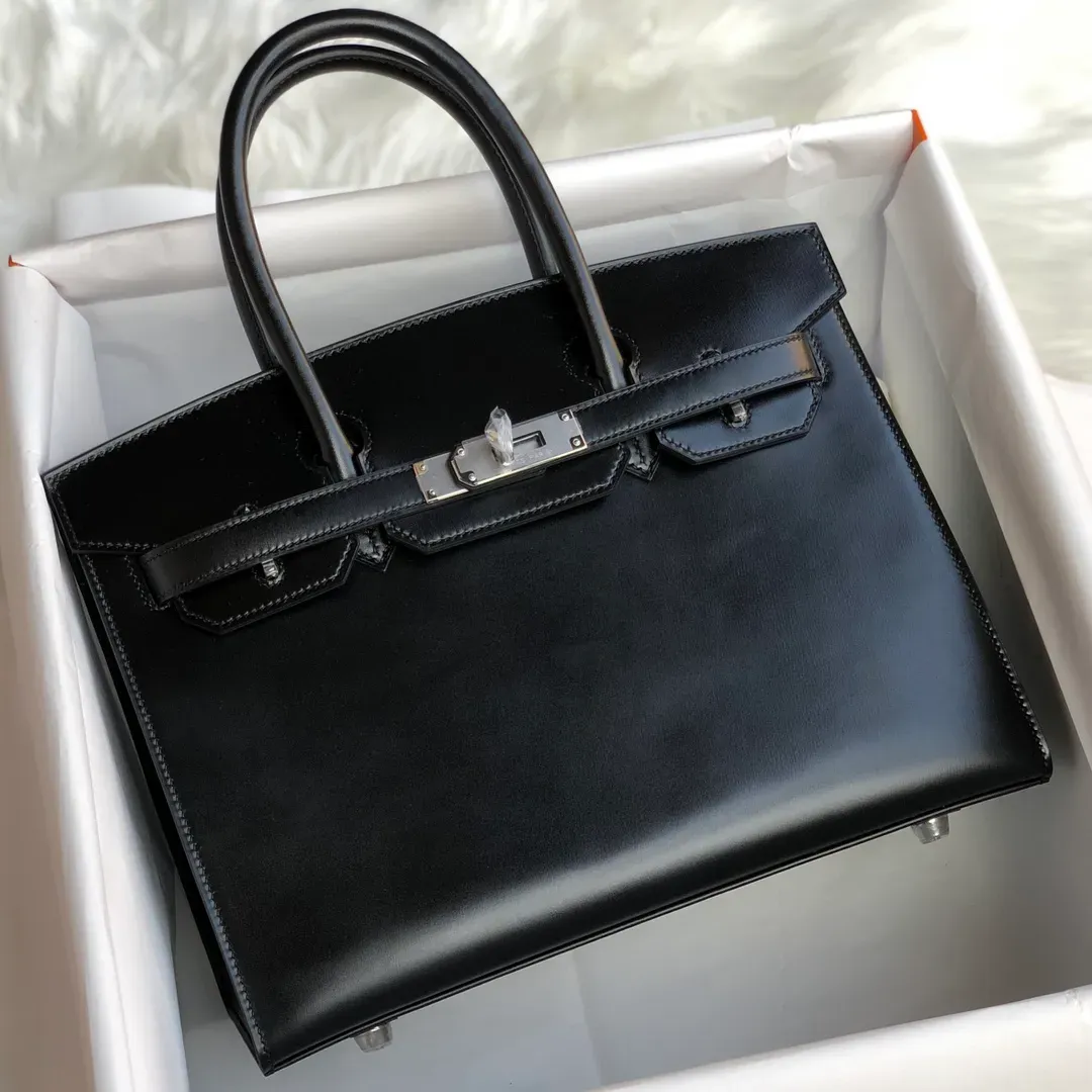 30 cm Black Tote Italia Box in pelle Borsa marca Prezzo all'ingrosso Cera di lusso completamente fatto a mano Messaggio di cuciture esterne per dettagli Immagini