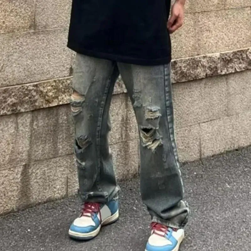 Jeans pour hommes délavés en détresse Style Hop Streetwear trou déchiré jambe large avec poches multiples pour