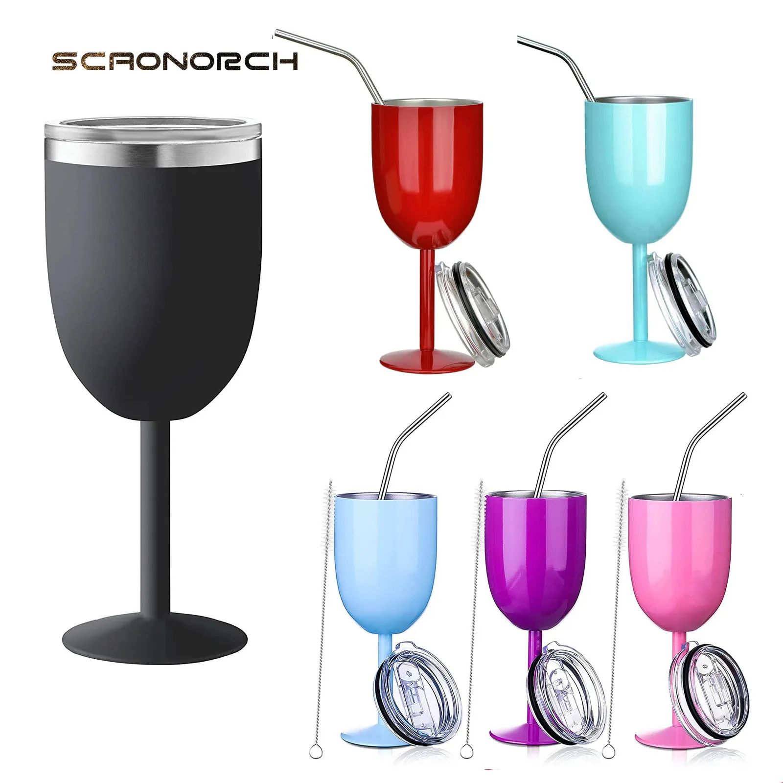 300ML Double Wall Stainless Steel Goblet Wine Glass With Straw Thermos Cup Lid Water Bottle Coffee Mug Champagne Glasses 240115