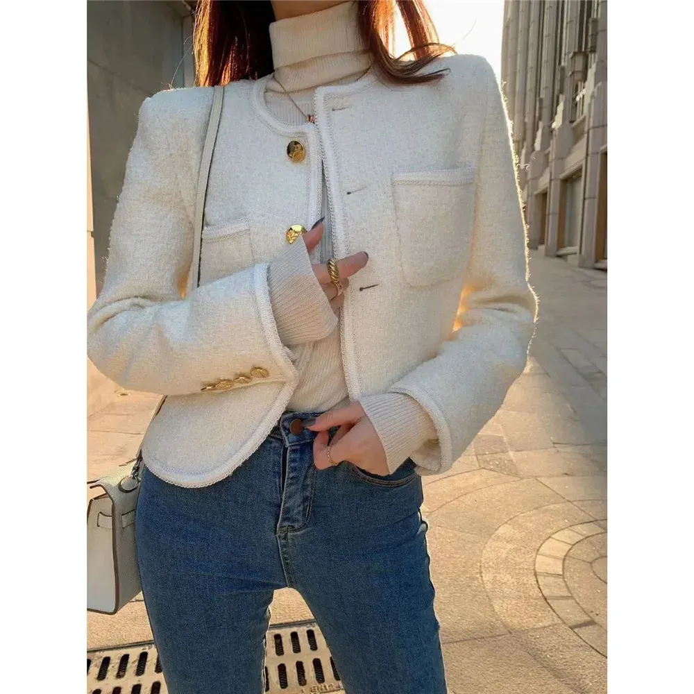 Svart vit tweed korta jackor kvinnor smal casual vintage cropprd rockar koreanska mode elegant chaquetas chic ullblandning outwear 240113