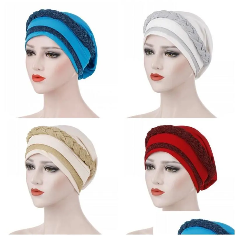 Bandanas muçulmano duas cores combinação turbante mulheres moda leite desfiado brilhante pano de seda trança chapéus e bandanas de cabelo 8 8qd j2 gota de dh1pg
