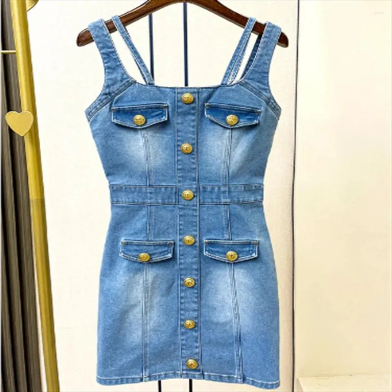 Casual Jurken Lente Zomer Blauwe Elegante Jean Jurk Vrouwen Vintage Knop Denim Vrouwelijke Mouwloze Zakken Enkele Breasted