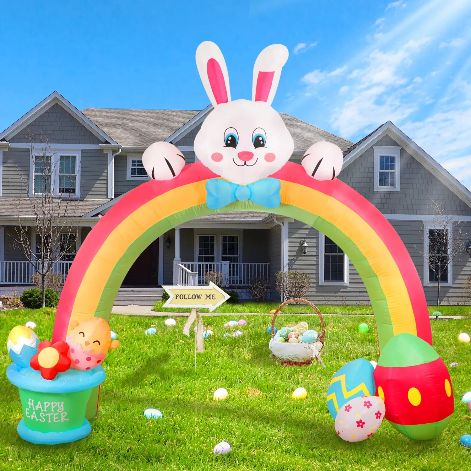10FT Easter Inflatables Outdoor Decorations Bunny Decor Colorful Eggs Archway Inflatable Blow Up Yard 240116