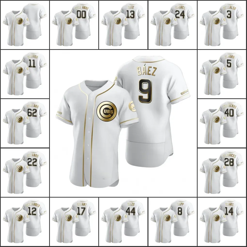 Chicago''Cubs''Men 9 Javier Baez 17 Kris Bryant 44 Anthony Rizzo 24 Craig Kimbrel Custom Mujeres Jóvenes Blanco Auténtico Golden Edition Jersey