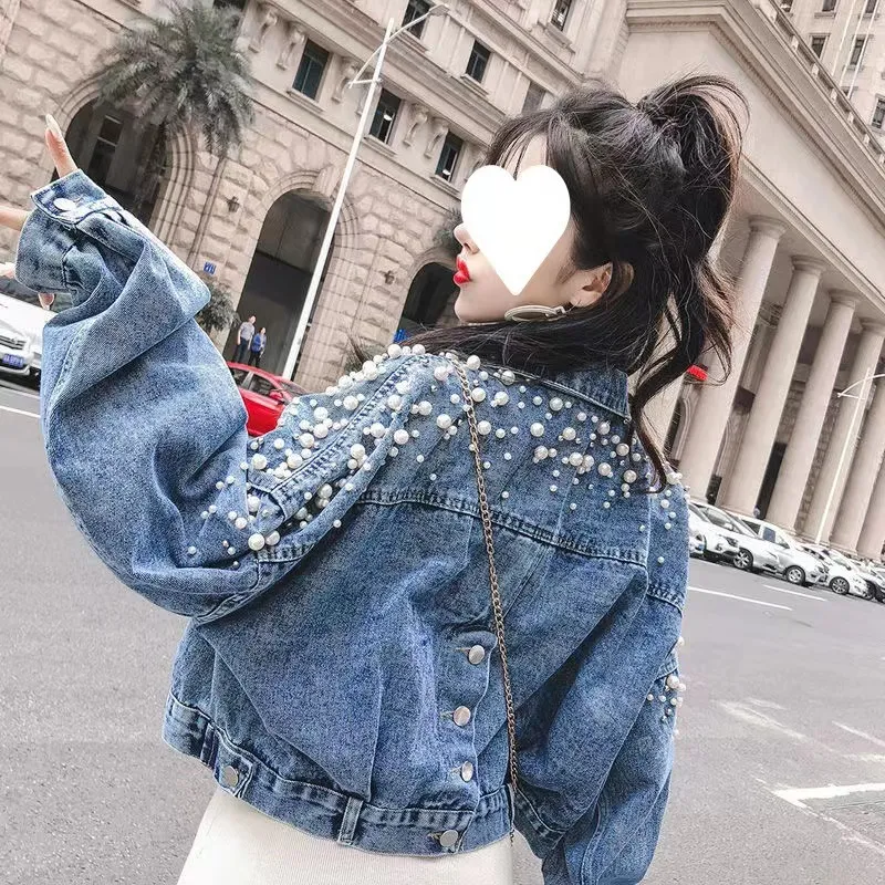 Designer Denim Jacket Women's Beaded Pearl Embellished Jean Coat,  Luxury Runway Style, Long Sleeve Fashion Tops