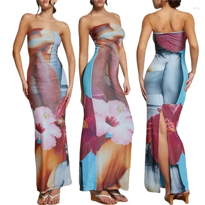 Повседневные платья, женское элегантное коктейльное вечернее платье, лето 2024, цветочный принт, без бретелек, без рукавов, облегающее платье с разрезом, длинное макси Y2K