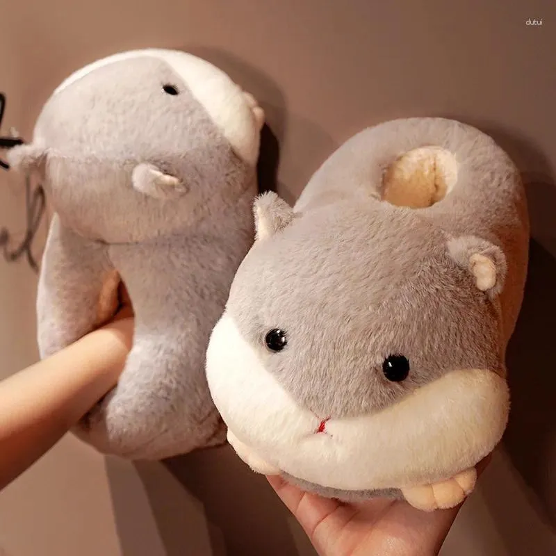 Pantoufles en peluche de Hamster de dessin animé mignon, épais et chaud, en coton, pour femmes, Animal, doux, en peluche, semelle antidérapante d'intérieur