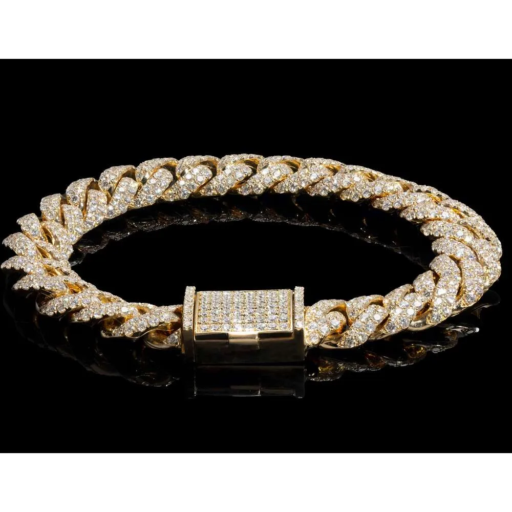 Echtes massives 10-Karat-Weiß-/Rosé-/Gelbgold-Diamant-Herrenarmband mit Blumenfassung und 10 mm 12 mm kubanischer Gliederkette