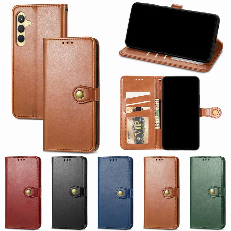 Capa carteira de couro empresarial para Samsung S24 Ultra Plus M34 A05 A05S A15 A25 S23 FE A35 A55 X Capa 7 Suporte para cartão de identificação com foto Capa flip PU Bolsa simples Alça à prova de choque