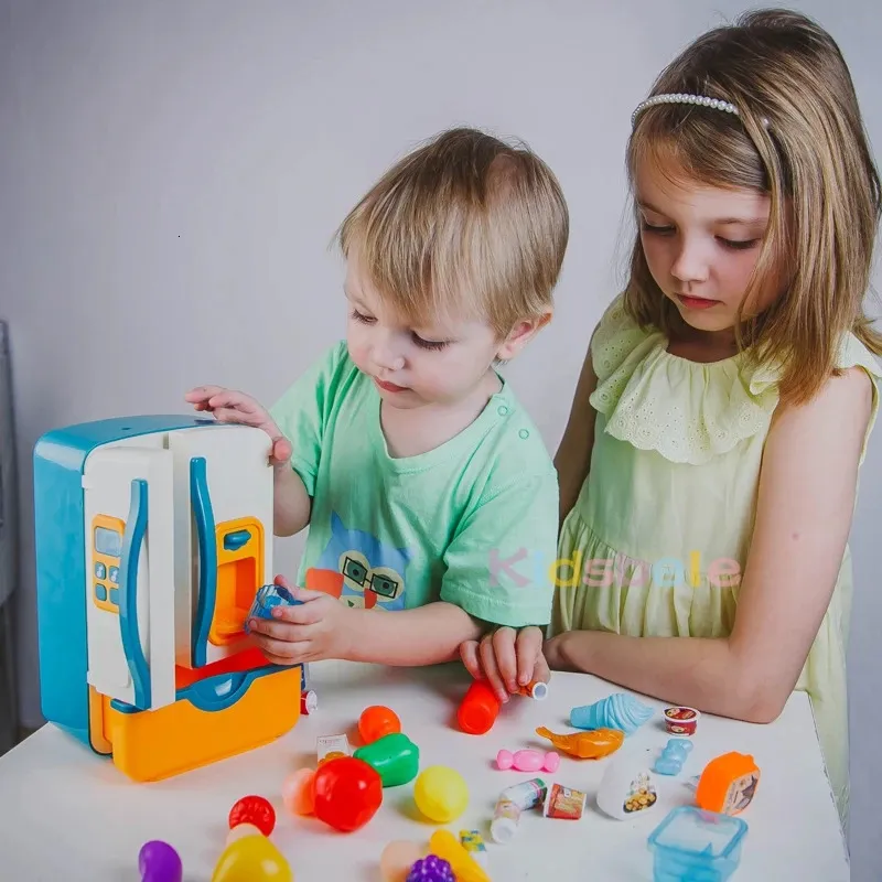 Kids Pretend Toy Fridge Refrigerator Accessories With Ice Dispenser Role Playing For Kitchen Food Toys Girls Boys 240115