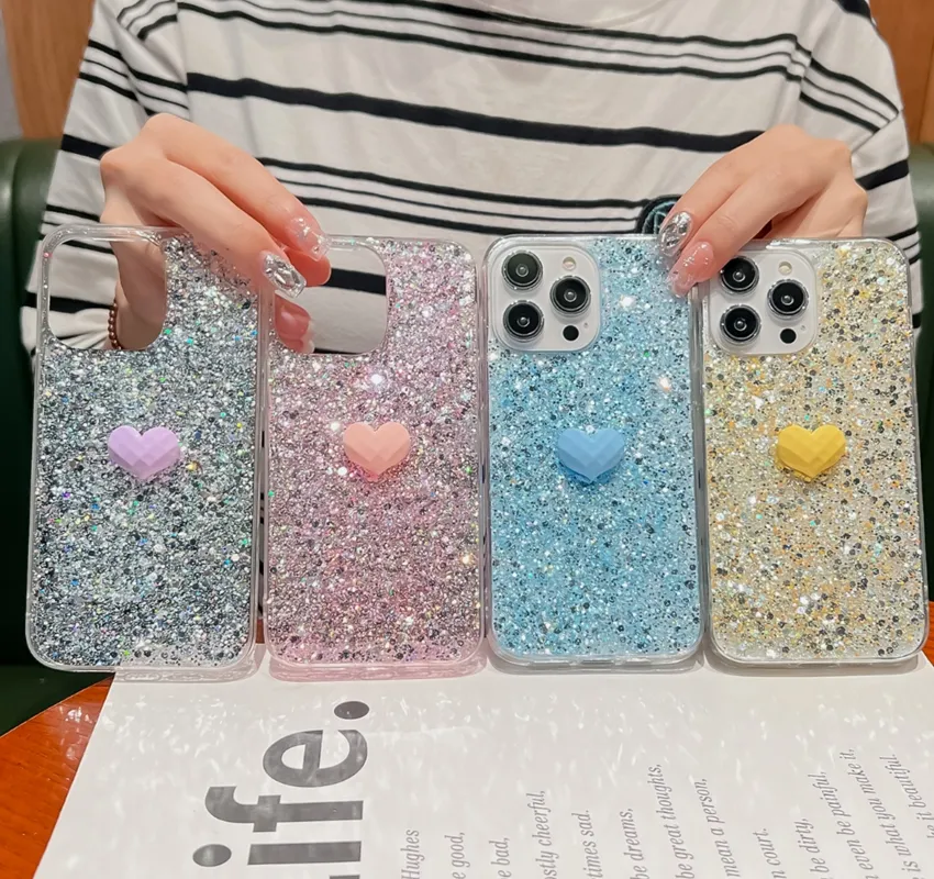 Luxury 3D Heart Love Confetti Cases For Iphone 15 Pro Max 14 Plus 13 12 11 XR XS X 8 7 6 Foil Sequin Shinny Bling Glitter Soft TPU Phone Back Skin Fashion Girls Women Cover