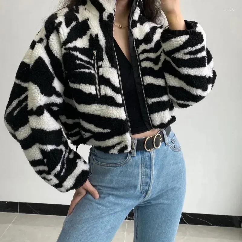 Damesjassen Winterrits Lange mouw Pluche jas Fleece Warm bijgesneden jack Vintage Opstaande kraag Zebra Kort Lamswol Streetwear