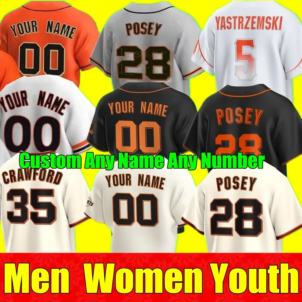 Custom Baseball Jersey Men Men Młodzież San Francisco''Giants''5 Mike Yastrzemski 35 Brandon Crawford Evan Longoria Joc Pederson Brandon Belt Belt