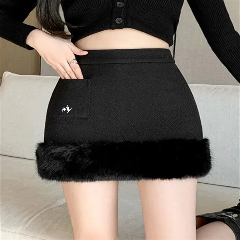 Black Womens Golf Skirt Wear Woolen Fabric Shorts Winter Villus Thicken Warm Elastic High Waist Pants Clothing 240116