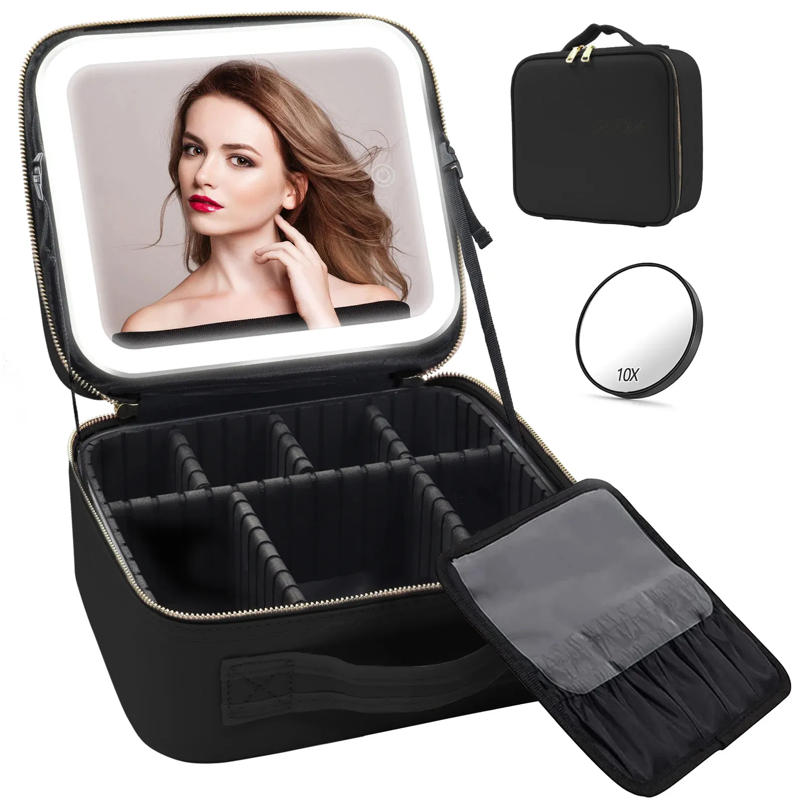 Reise-Make-up-Tasche mit LED-beleuchtetem Spiegel mit verstellbaren Trennwänden und abnehmbarem 10-fach-Vergrößerungsspiegel 240116