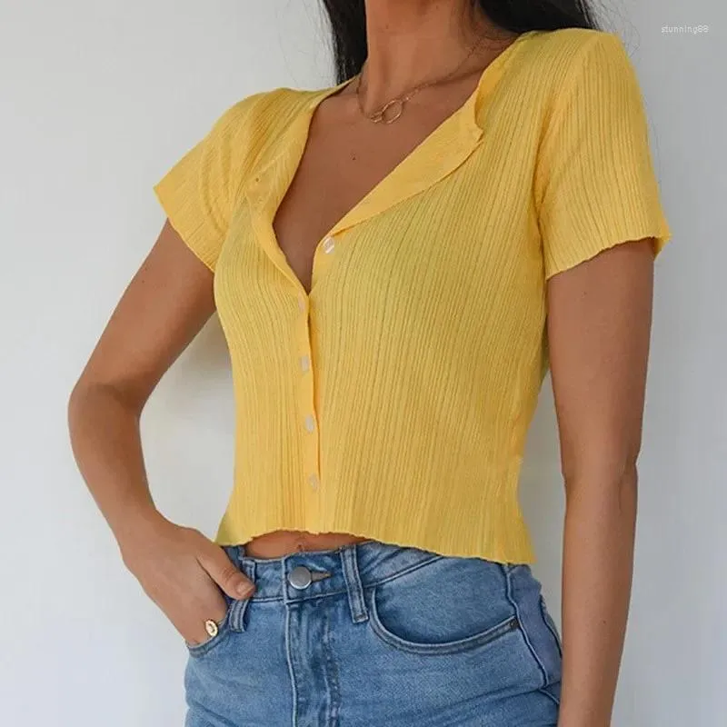 Women's T Shirts Ribbed Short Sleeve Button Up Top For Women 2024 O-Neck Slim Cotton Summer Tops Fashion Casual Cropped Knitted Tshirt XXL