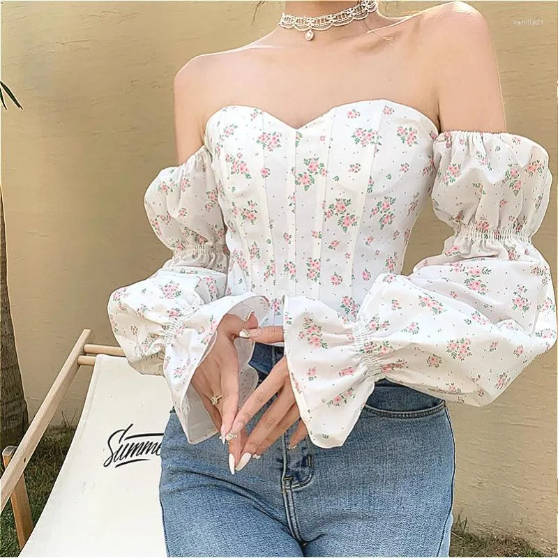 Damesblouses Herfst Koreaanse mode strapless bloemenblouse elastische ruches slanke lange mouwen tops dames sexy off-shoulder korte blouser