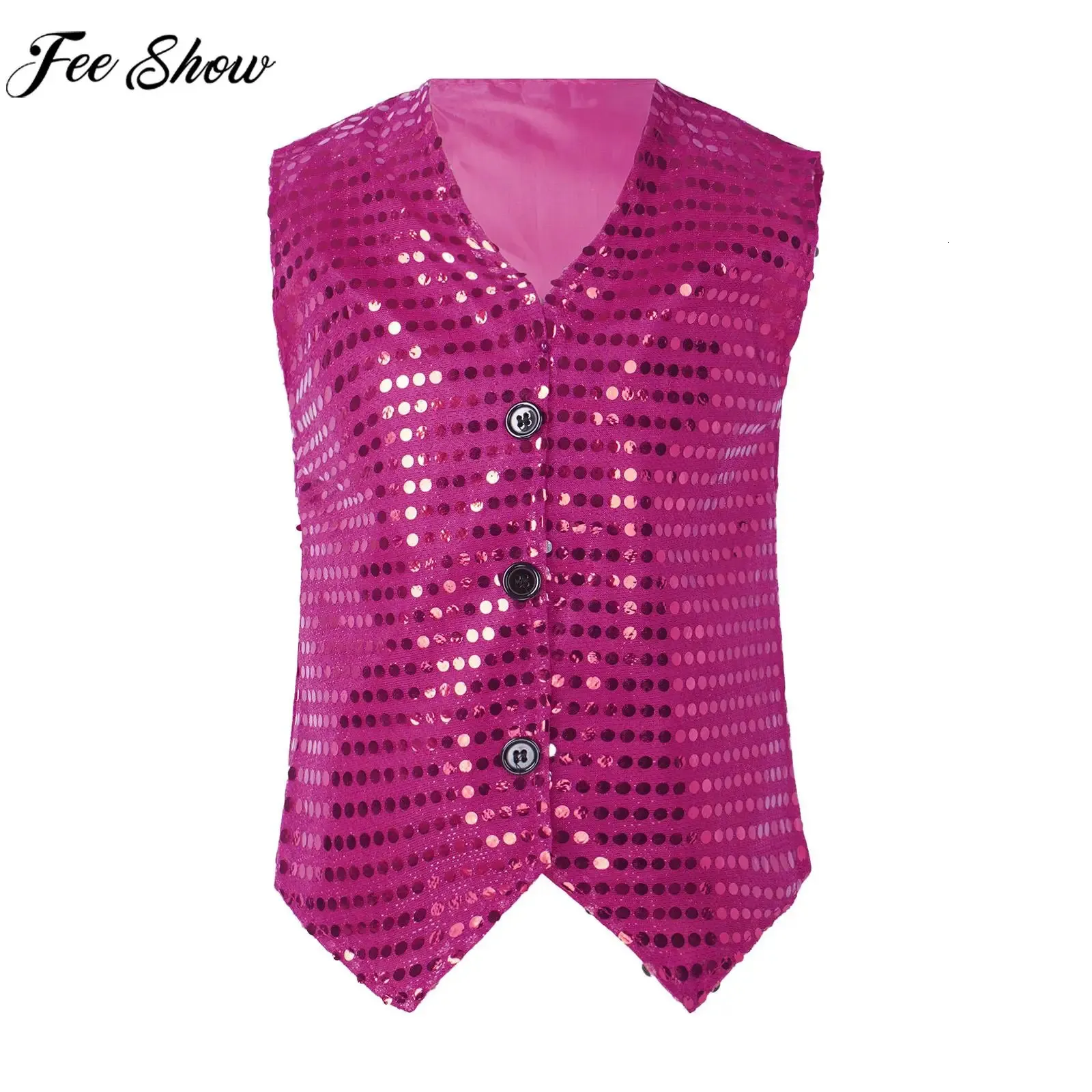 Kids Adult Shiny Sequin Vest Hip Hop Street Jazz Dance Choir Stage Performance Waistcoat Theme Party Magician Cosplay Costume 240116