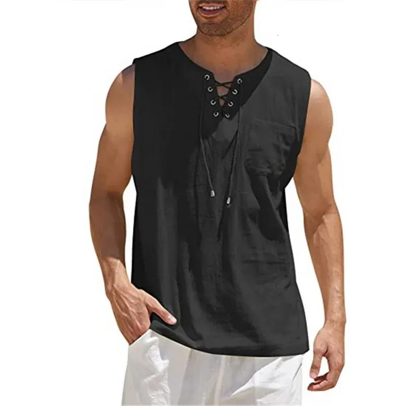 Cotton Linen Tank Top Men Drawstring V Neck Sleeveless Shirts Summer Streetwear Casual Shirt Gym Fitness Slim Fit Vest Tops 240116