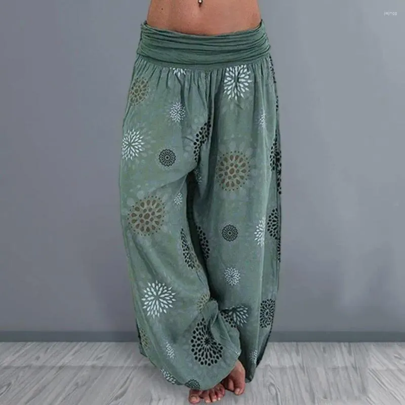 여성용 바지 스포티 한 느슨한 다리 바지 여성 하렘 민족적 인쇄 탄성 허리에 적합한 부드러운 캐주얼 넓은