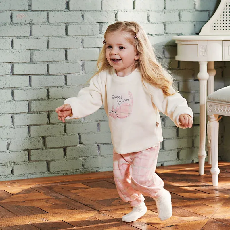 Dave Bella Kinderset Pyjama voor meisjes, jongens, herfstmode, casual, gebreide fleece, geruit, tweedelig DB3236603 240115