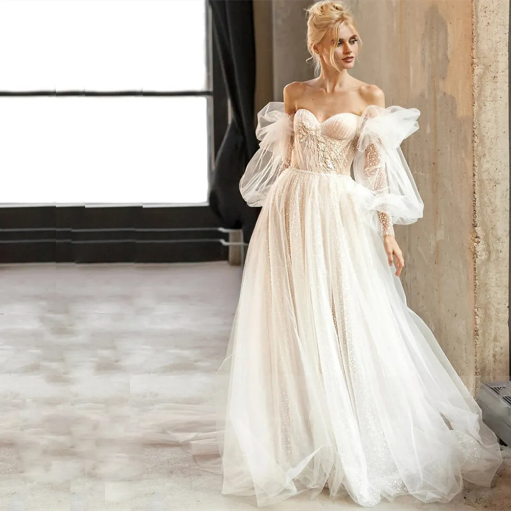 Detachable Puffy Sleeve Wedding Dresses A Line Glitter Soft Tulle