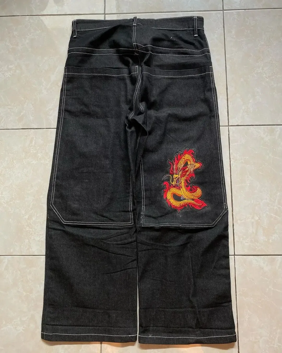 Baggy décontracté grande poche jambe large jean hommes femmes Y2K rue rétro Hip Hop tendance mode noir taille haute pantalon droit 240115