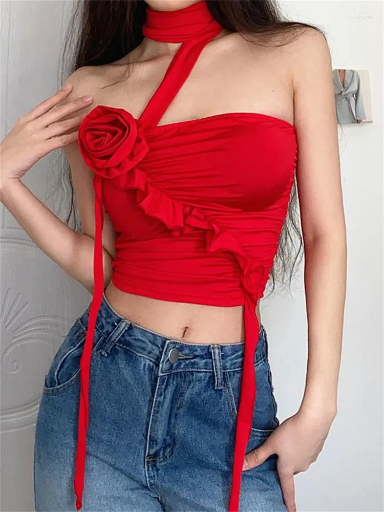 Women's Blouses Solid Blouse Women Summer 2024 Vintage Halter Sleeveless Tops Chic Strapless Folds Three Dimensional Decoration Shirts