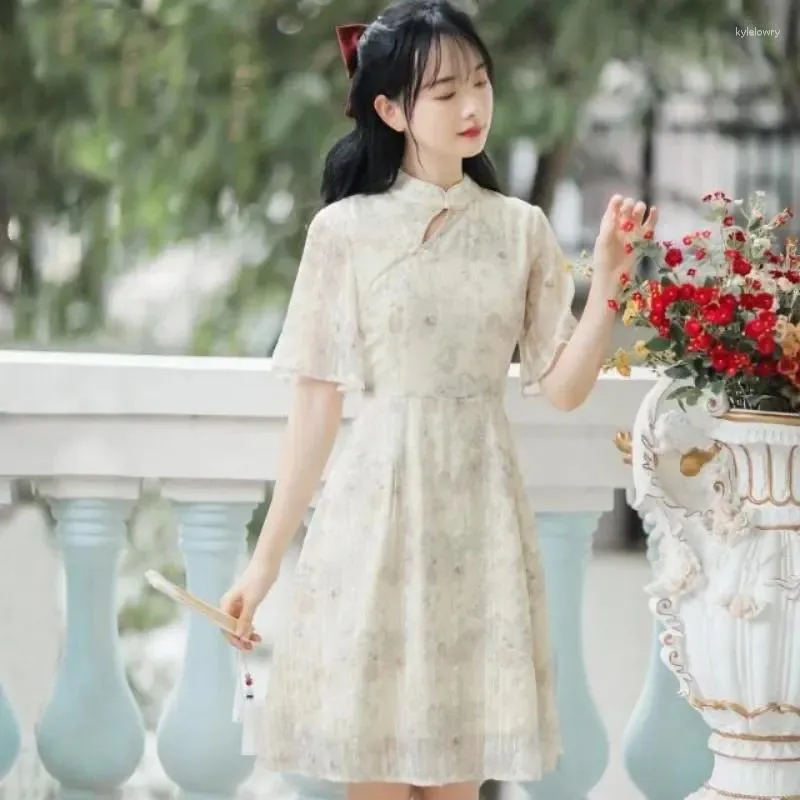 Ethnic Clothing Summer Women Chiffon Improved Cheongsam Elegant Chinese Traditional A-Line Short Sleeve Party Dresses