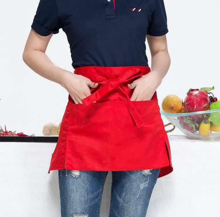 Solid Color Half Bust Bib Apron Restaurant Coffee Tea Shop Waitress Work Clothes Aprons Kitchen Waist Short Apron With Pockets SN4538