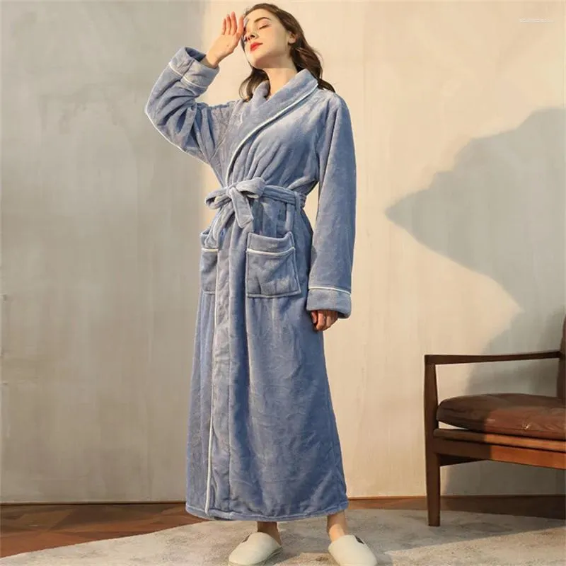 Mulheres sleepwear inverno mulheres longo roupão quimono chuveiro robe grosso quente flanela azul homewear senhoras aconchegante noite vestido vestido