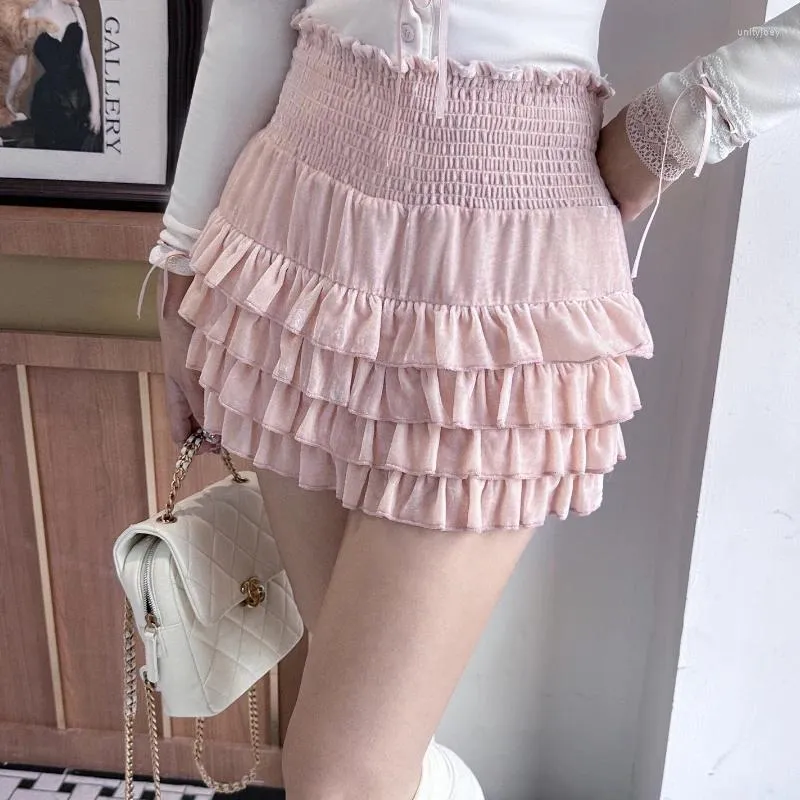 Saias Houzhou Coquette Rosa Ruffle Mini Saia Mulheres Outono Veludo Japonês Kawaii Sexy Cintura Alta Slim Patchwork Lolita Shorts