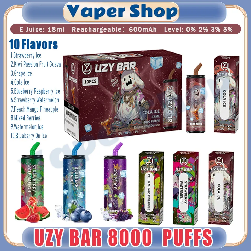 Retail Authentic UZY BAR 8000 Puffs Disposable Vape Pen 18ml Pre filled Pod Mesh Coil Puffs 8000 E Cigarette Rechargeable Air Conditioning 0% 2% 3% 5%