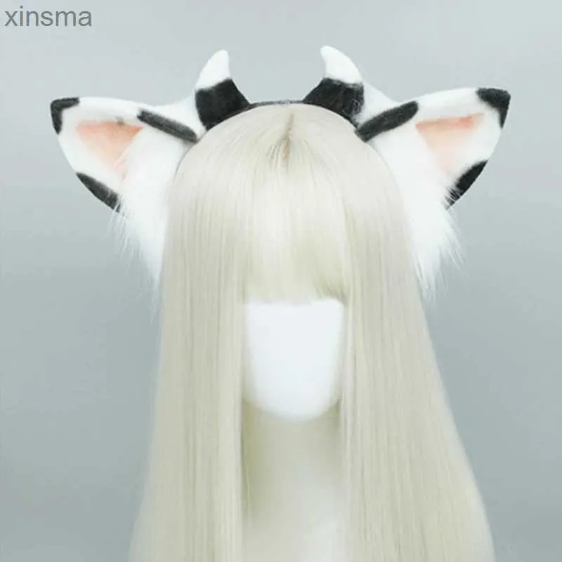 Fasce per capelli Orecchie di peluche Cerchio per capelli Orecchie di mucca di Halloween Fascia per capelli peloso Animale del fumetto Fascia per capelli Anime Fancy Dress Cosplay Copricapo YQ240116