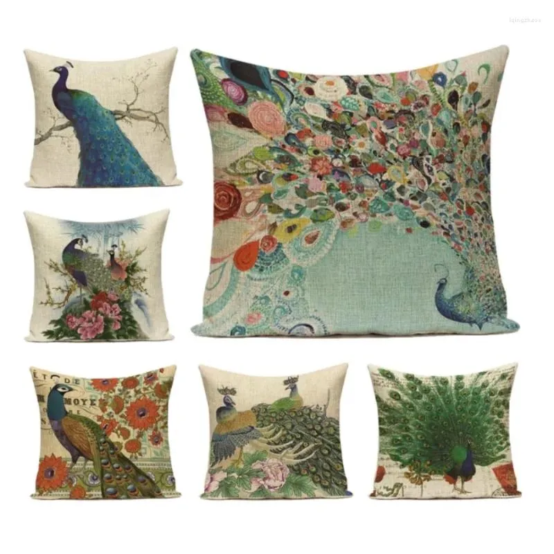 Kudde Animal Forest Throw Pillows Printed Vintage Decorative Linen Luxury Soffa Home 45x45 Floral Peacock Set Simple F135