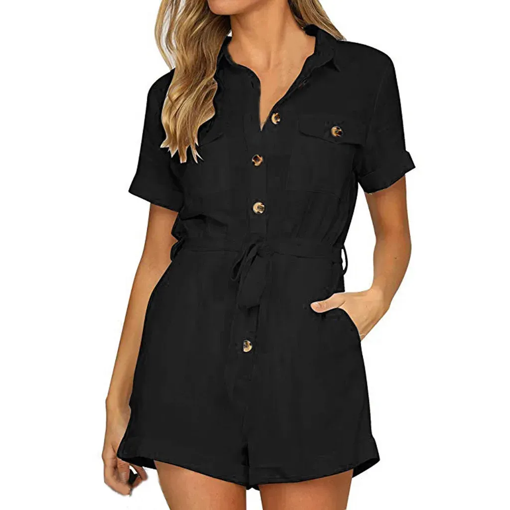 30h Women's jumpsuits Casual Button Down Cuffed Short Sleeve Casual Boho Women Rompers Playsuit Jumpsuit ropa mujer 240115
