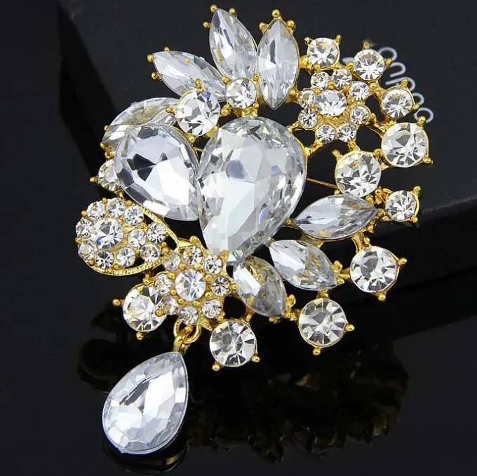 pins Silver Tone Luxury Waterdrop Pendent Big Crystal Wedding Elegant Brooch Fashion Costume Brooch For Women Banquet Top Quality