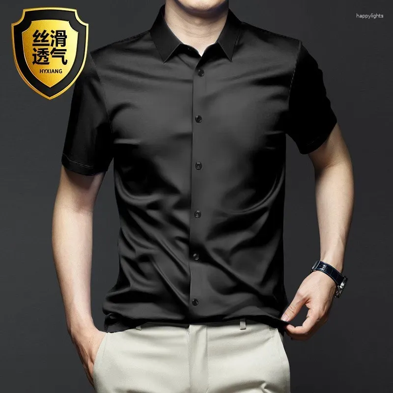 メンズドレスシャツ6xl夏のフォーマルショートスリーブシャツ豪華なしわに耐える非鉄のソリッドカラービジネスカジュアルアイスシルクNS5835