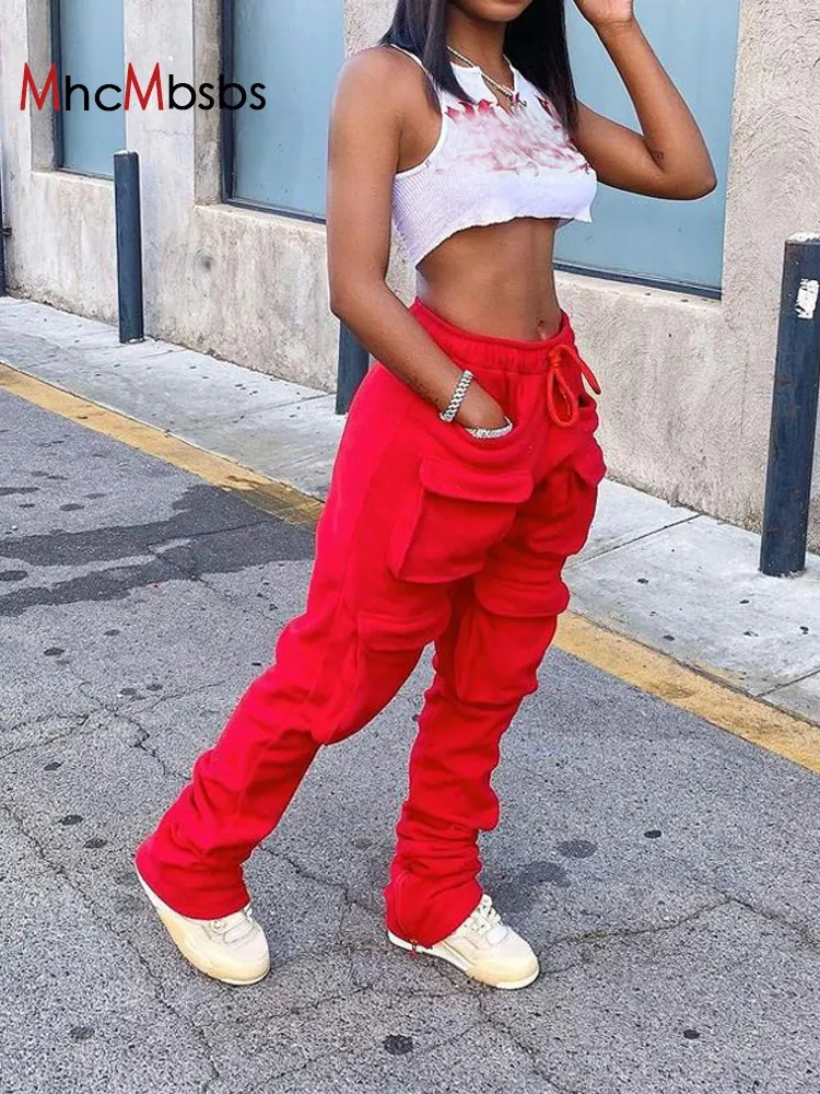 Women's Red Stacked Sweatpants High Waist Tracksuits Y2K Harajuku Joggers Streetwear Mall Goth Cargo Pants Safari Trousers 240115