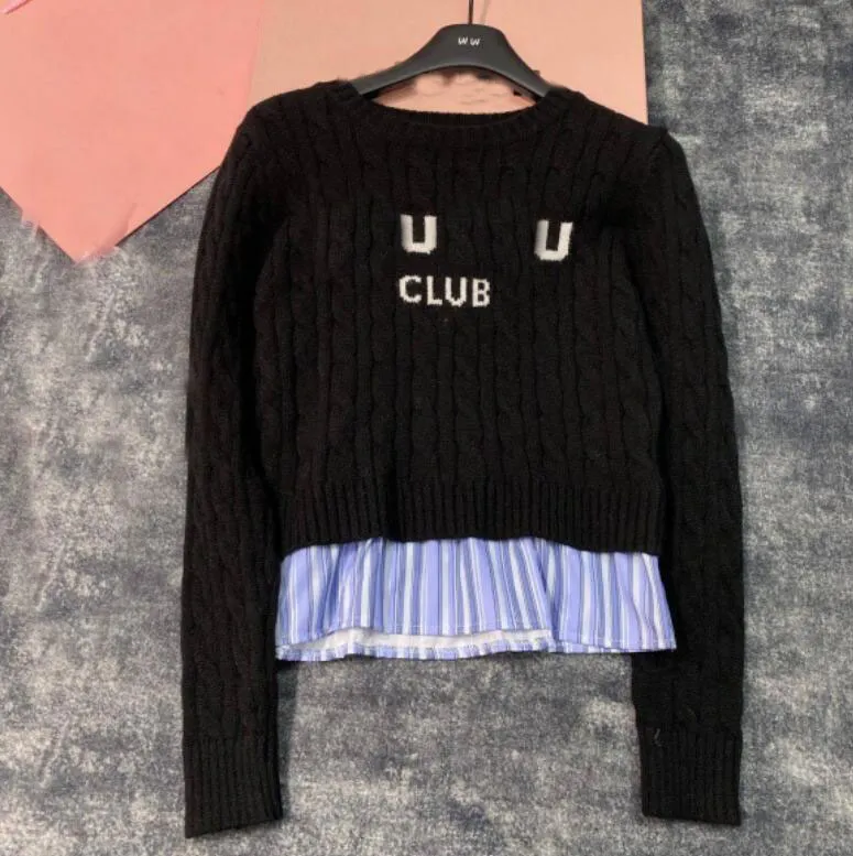 2024 여성 초기 봄 새 스웨터 편지 인쇄 패턴 가짜 두 조각 둥근 목 슬림 풀버 긴 소매 여자 스웨터