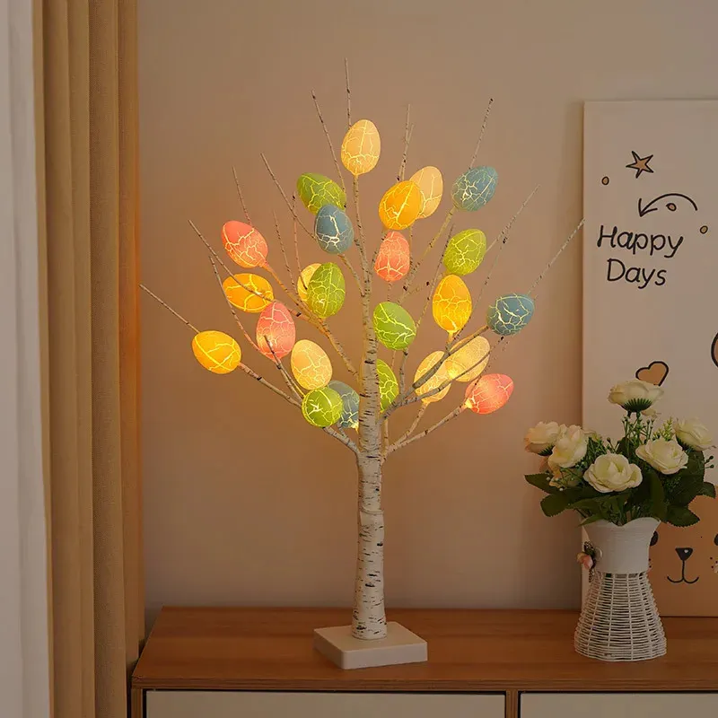 60cm Easter Brich Tree Lamp 40LED Eggs Ornaments Hanging Decorations for Home Spring Festival Party Table Decor 240116
